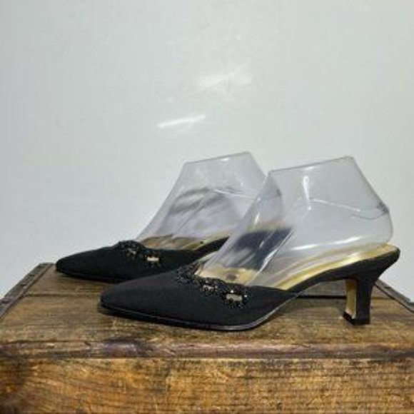 VINTAGE ANN MARINO black square toe eyelet bead detail cut out heel mule US 7.5M - Picture 3 of 5